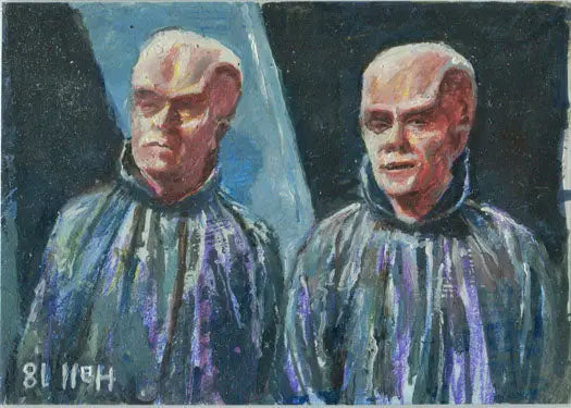 Portrait of alien beings in iridescent clothing from Charles Hall’s Star Trek trading cards