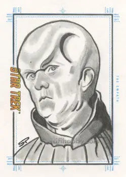 Sketch portrait by Sean Pence of a bald man with a stern expression for trading cards