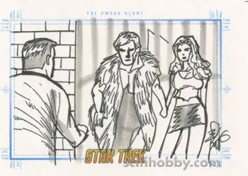 Pencil sketch of Star Trek figures in The Omega Glory by Brian Kong for trading cards