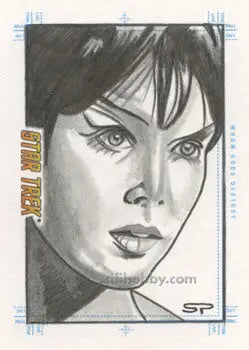 Detailed pencil sketch portrait of a woman from Sean Pence’s Gods Destroy trading cards