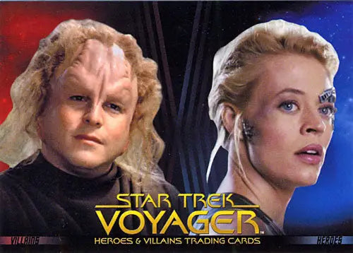 Promotional image for Star Trek Voyager trading cards featuring heroes and villains