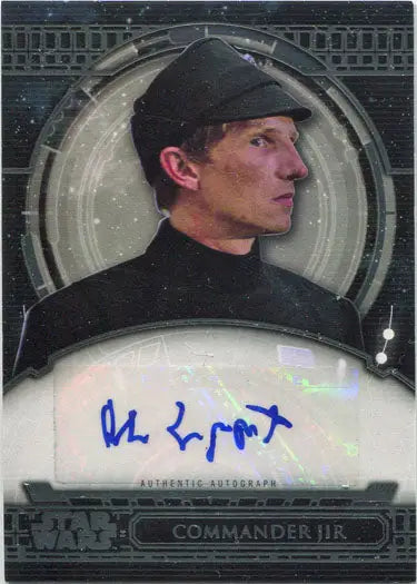 Autograph card of Commander Jir in dark uniform, part of Star Wars trading cards