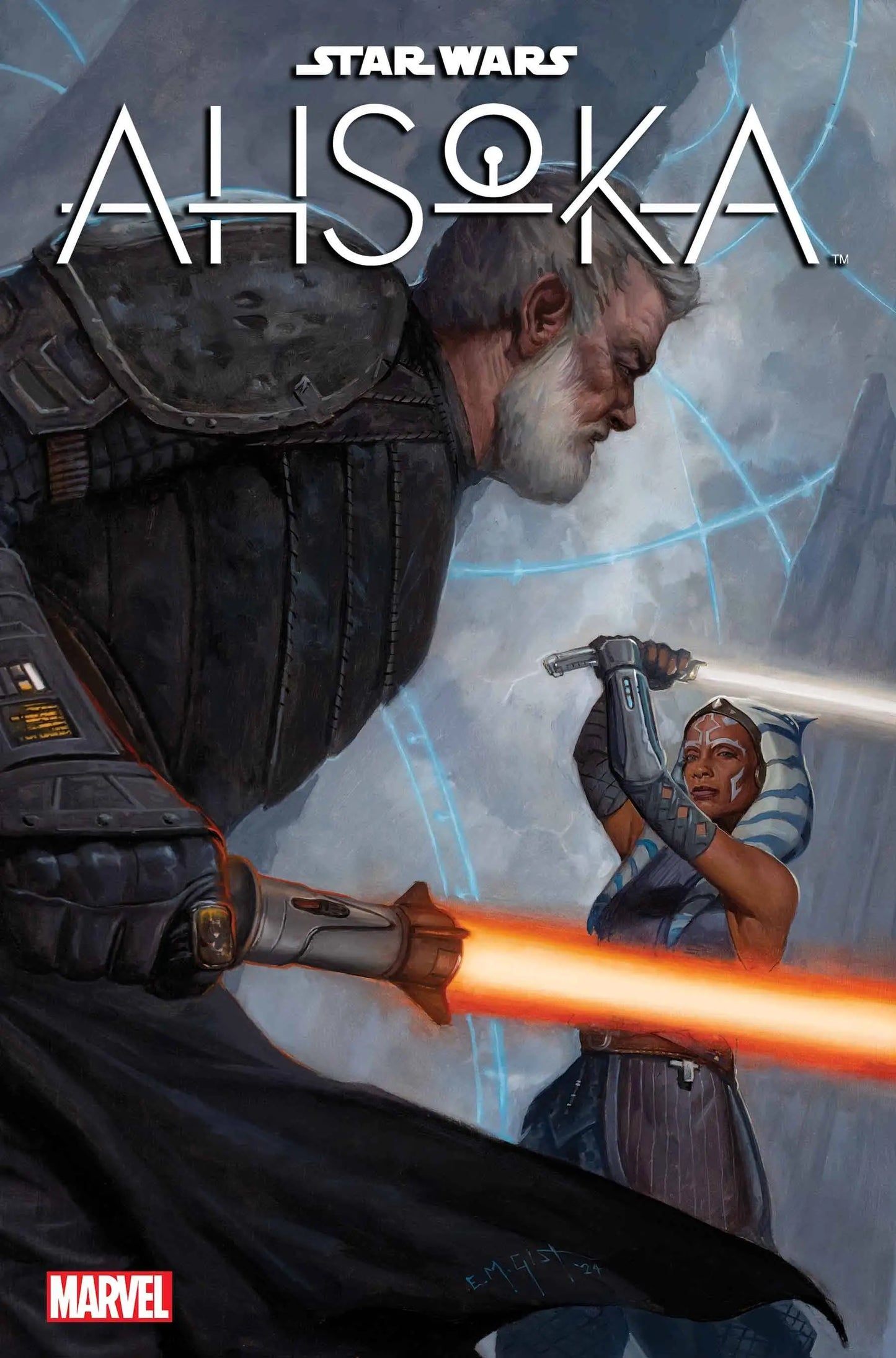 Comic book cover of STAR WARS AHSOKA #4 featuring a lightsaber duel, perfect for trading cards
