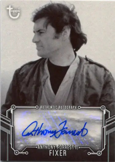 Autographed Star Wars trading card of Anthony Forrest in black and white portrait