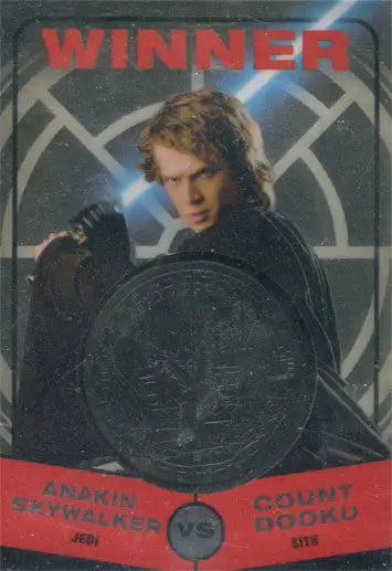 Young man with wavy hair poses with a lightsaber in Silver Medallion Anakin design