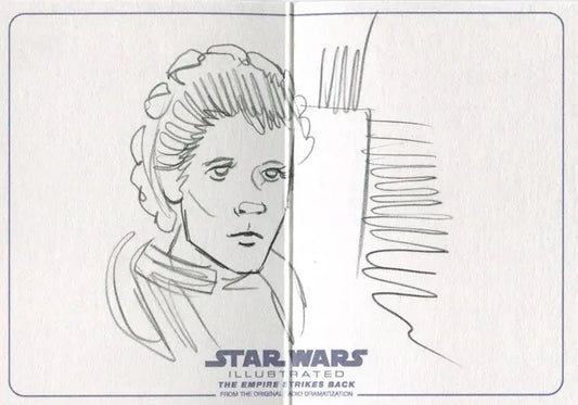 Pencil sketch of Leia with elaborate hairstyle on Star Wars panorama sketch card