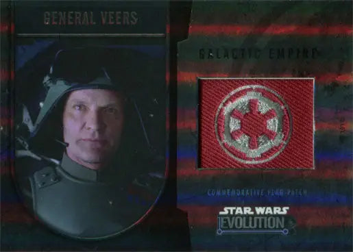 Trading card of Galactic Empire General Veers with Empire insignia and flag patch design