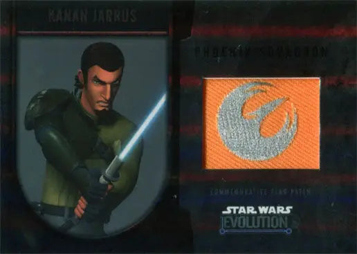 Animated character wielding a blue lightsaber from Phoenix Squadron Kanan Jarrus Flag Patch