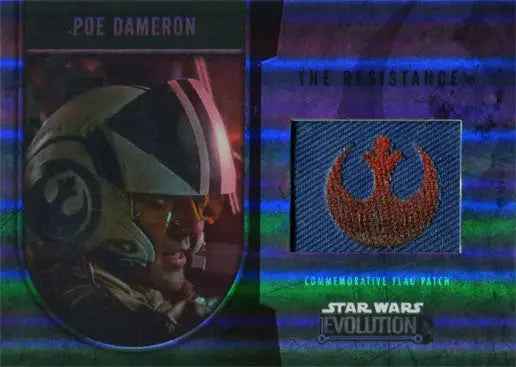 Holographic trading card of Resistance Poe Dameron with Rebel Alliance flag patch