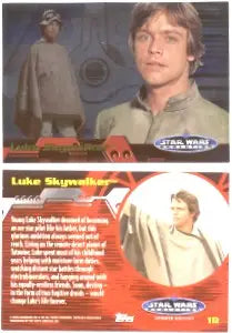 Trading card of young Luke in light shirt, part of Star Wars Redemption Card series