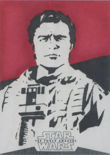Stylized portrait of Poe Dameron with blaster on Star Wars sketch card by Rob Teranishi
