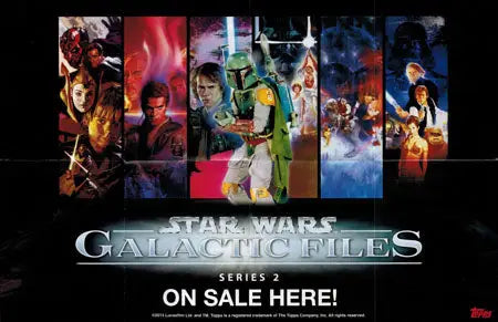 Promotional poster for Star Wars trading cards featuring iconic characters and scenes