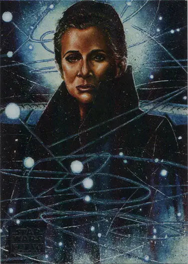 Serious portrait of Leia Organa against cosmic background for Star Wars Legends Chase Card