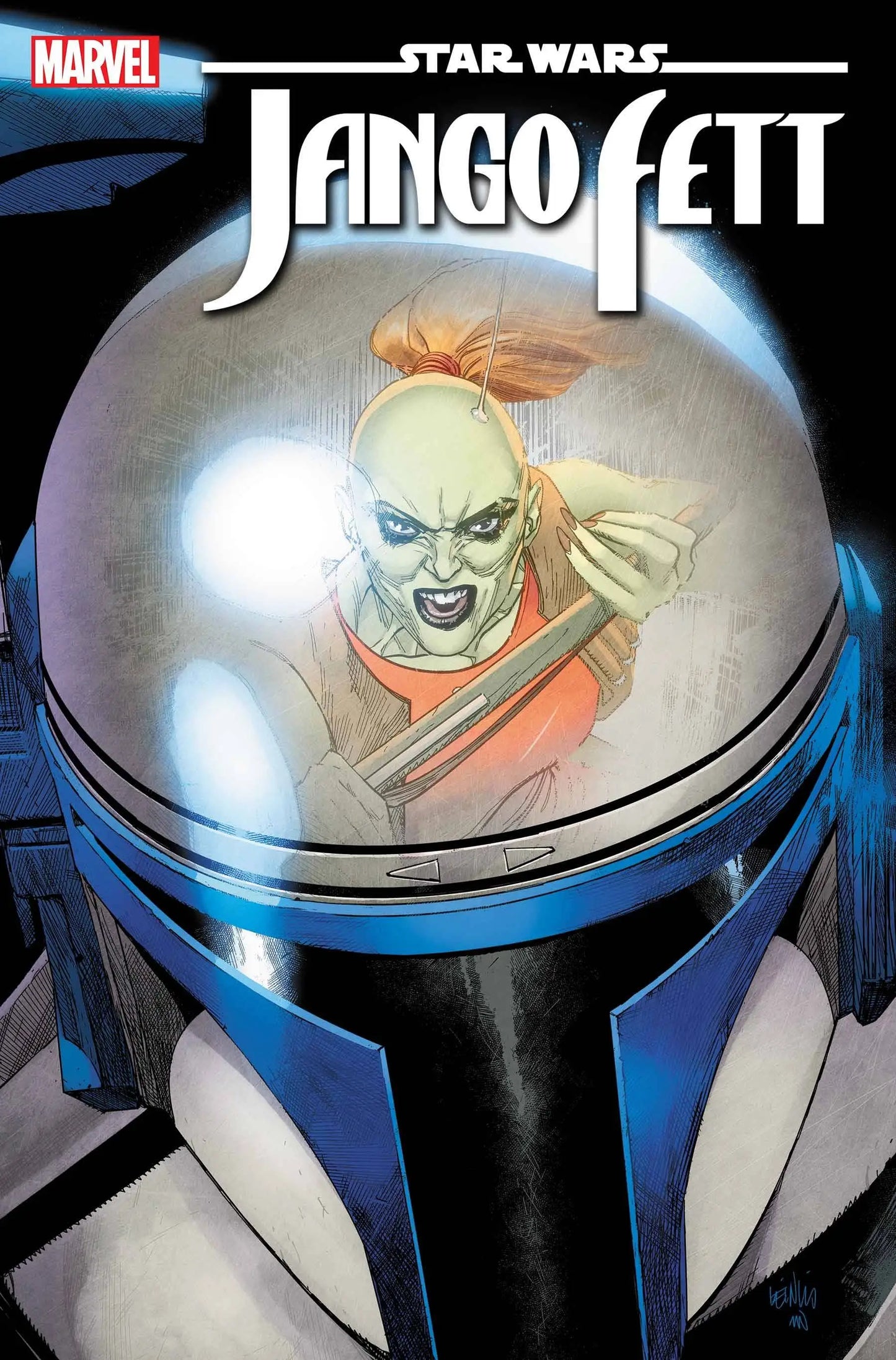 Mandalorian helmet visor reflecting alien creature in Jango Fett trading card image