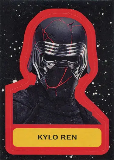 Kylo Ren sticker card featuring a masked figure with a black helmet and red accents