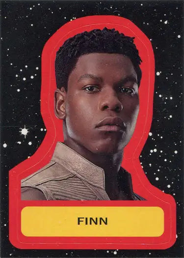 Portrait of Finn in a red outline on a starry background for a Star Wars sticker card