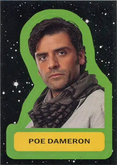 Portrait of Poe Dameron in a scarf, featured on Star Wars sticker card against stars