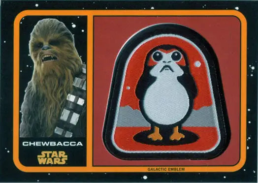 Trading card featuring Chewbacca and Porg from Star Wars in Galactic Emblem Patch