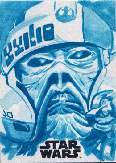 Blue-tinted alien portrait on a Star Wars sketch card featuring the Rebel Alliance symbol