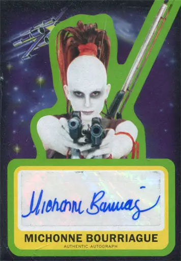 Autographed Michonne Bourriague trading card with character against space-themed background