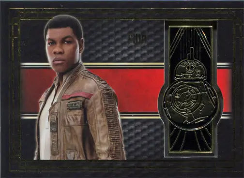 Young man in tan jacket poses with Star Wars Last Jedi commemorative emblem card