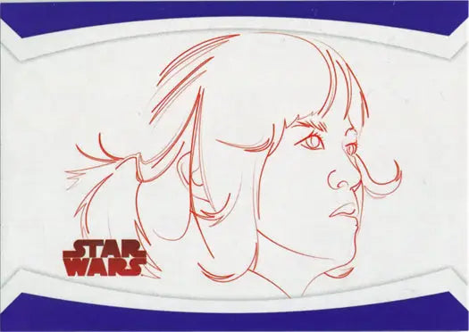 Sketch of a woman’s face with bangs in red, featuring Star Wars logo on purple parallel card