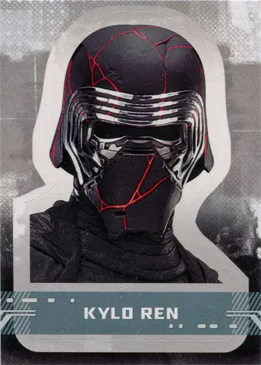 Black helmet with metallic faceplate and red accents on Star Wars Kylo Ren character sticker card
