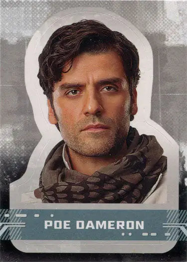 Portrait of Poe Dameron with serious expression, featured in Star Wars character sticker card