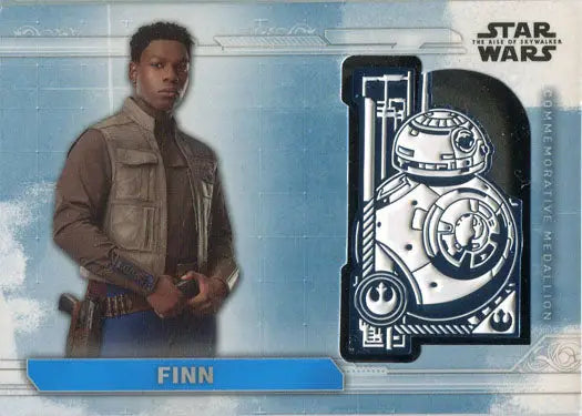 Star Wars trading card featuring Finn and a droid from the commemorative medallion card