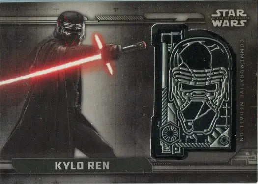 Dark-clad figure with red crossguard lightsaber on Star Wars commemorative medallion card