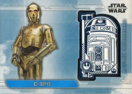 Golden humanoid robot with glowing eyes on Star Wars Rise Skywalker Commemorative Medallion Card