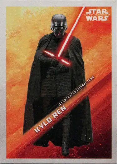 Masked figure in black robes with red lightsaber on Star Wars Illustrated Character card Kylo Ren