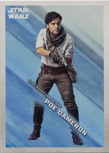 Illustrated character trading card of Poe Dameron in casual attire with blaster