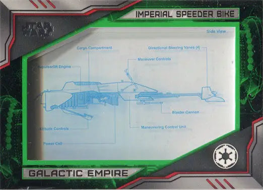 Blueprint schematic of an Imperial Speeder Bike from Star Wars trading card relic card