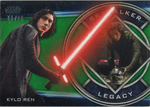 Trading card of Kylo Ren with red lightsaber from Star Wars Skywalker Legacy Green Parallel