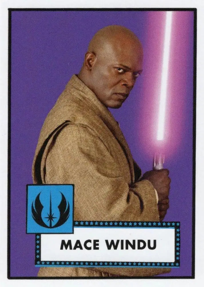 Star Wars trading card of Jedi Mace Windu with purple lightsaber for baseball fans