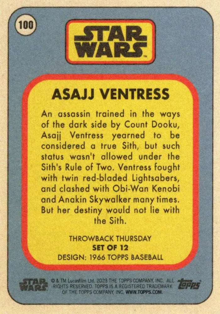 Trading card of Asajj Ventress from Star Wars in 1966 Topps Baseball style