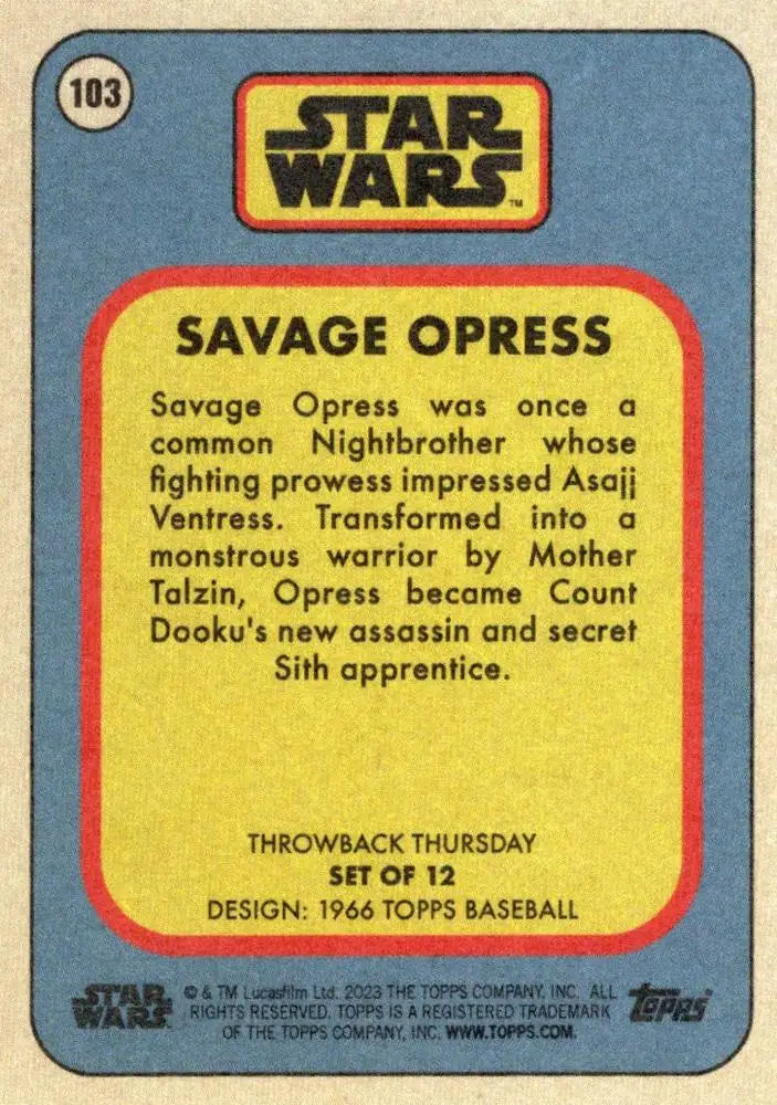 Vintage Star Wars trading card of Savage Opress inspired by 1966 Topps Baseball style