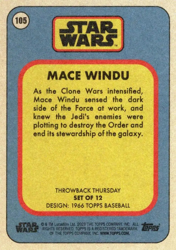 Star Wars trading card of Mace Windu from Topps Baseball Throwback Thursday 2023