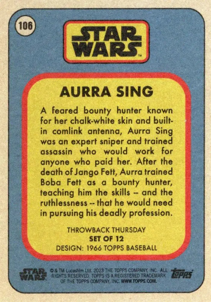 Star Wars Trading Card of Aurra Sing from Topps Baseball 1966 Throwback Thursday 2023