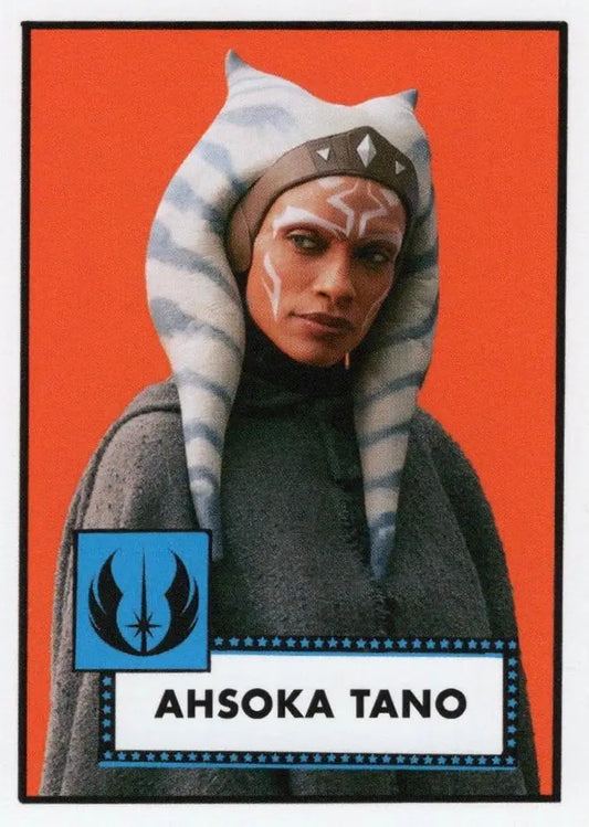 Ahsoka Tano character portrait from Star Wars on a baseball card design