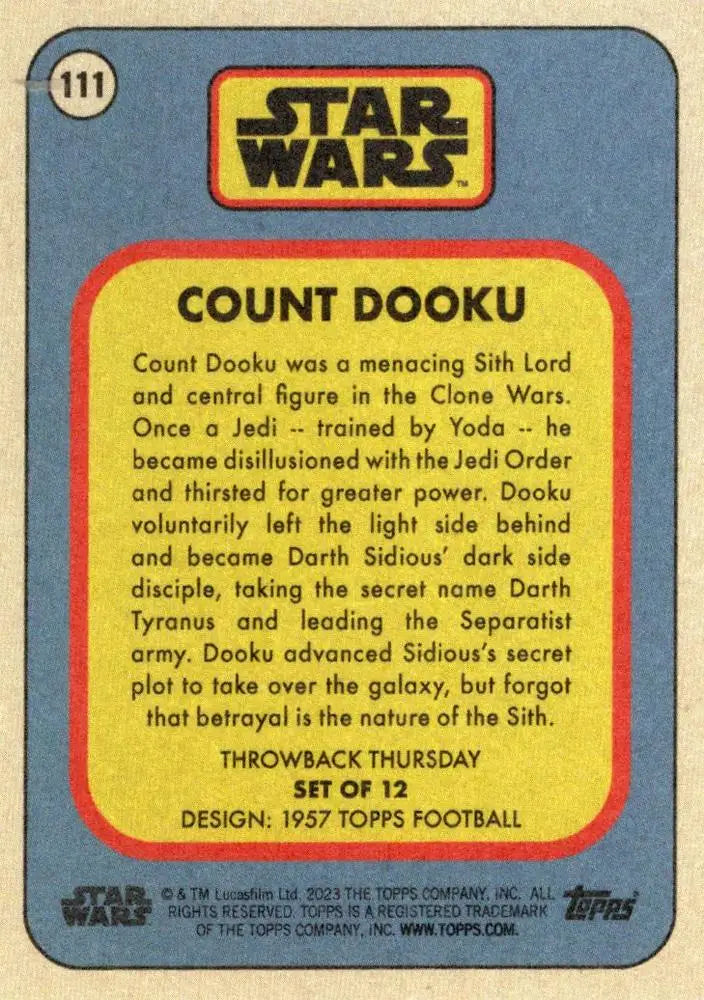Trading card of Count Dooku from Star Wars, Topps Football Throwback Thursday 2023
