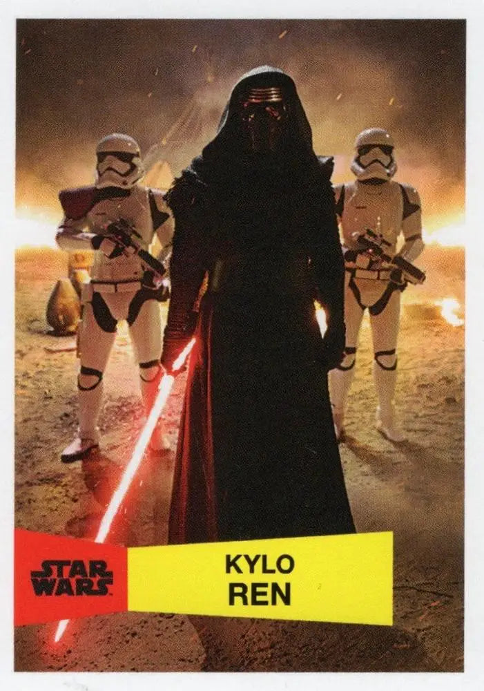 Dark-robed figure with red lightsaber and Stormtroopers on Topps Basketball Star Wars card
