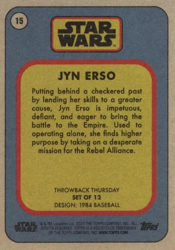 Jyn Erso Trading Card from Star Wars Throwback Thursday Baseball Cards 2023