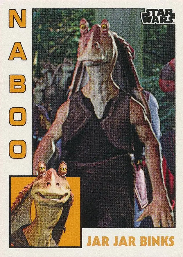 Alien character Jar Jar Binks with long ears and vest on Star Wars trading card