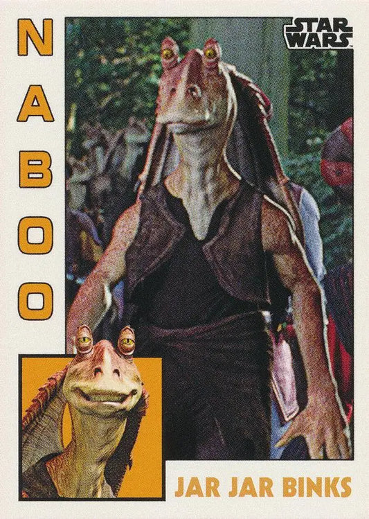 Alien character Jar Jar Binks with long ears and vest on Star Wars trading card