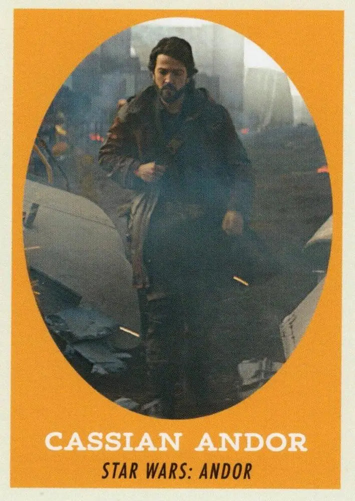 Man in dark coat navigating debris and smoke in Star Wars trading card artwork