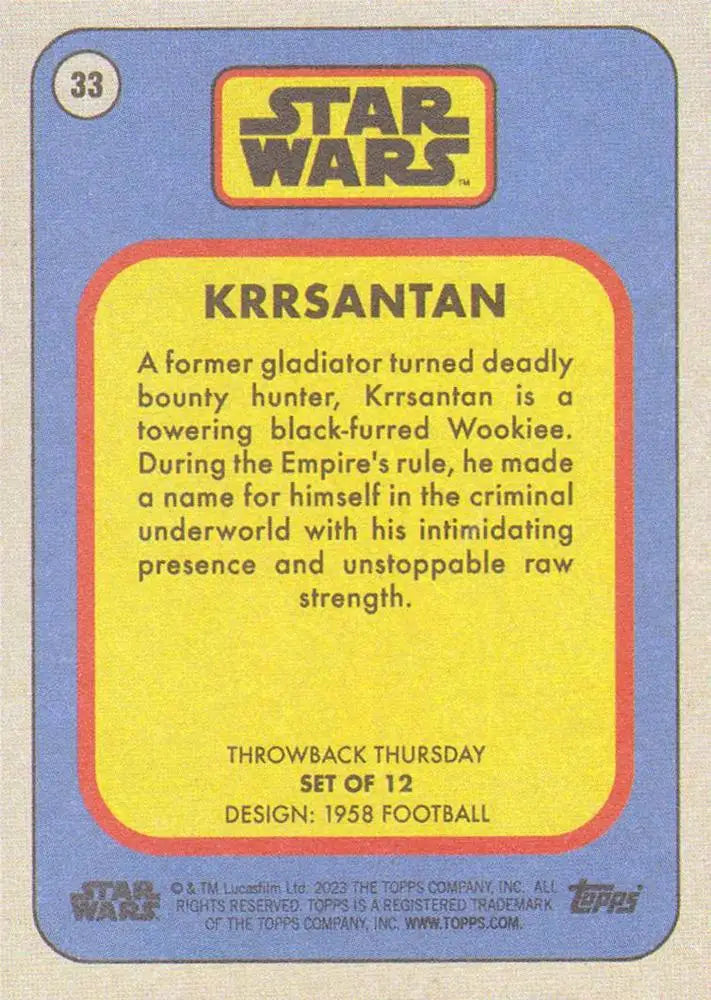 Trading card of Krrsantan from Star Wars in Throwback Thursday 2023 set