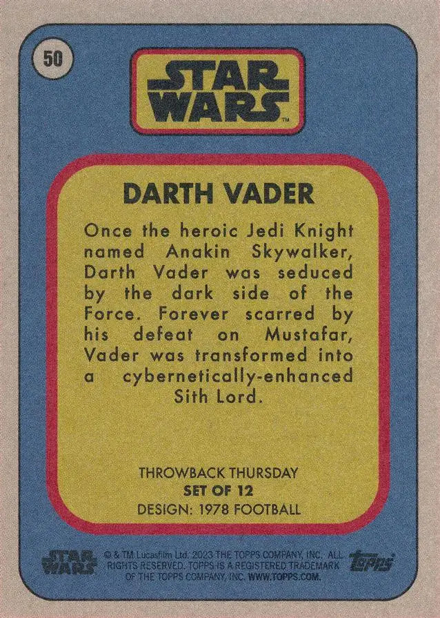 Vintage Star Wars trading card of Darth Vader from the 1978 Football series