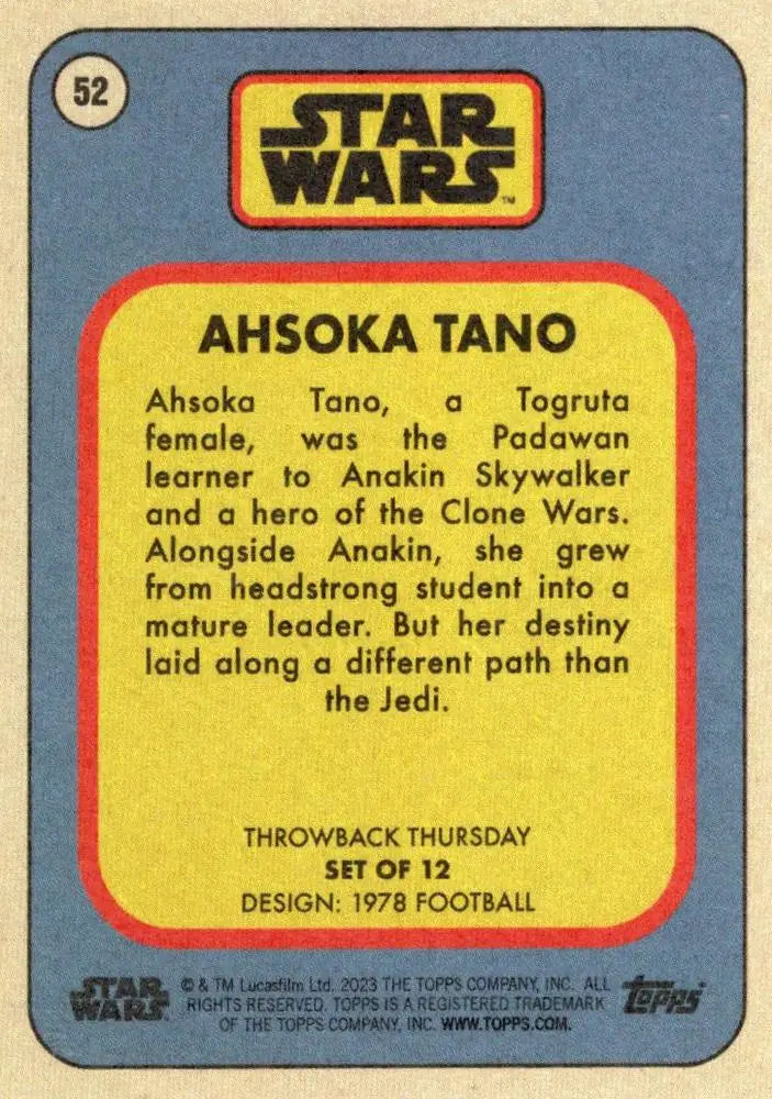 Vintage Star Wars trading card featuring Ahsoka Tano from 1978 baseball cards collection